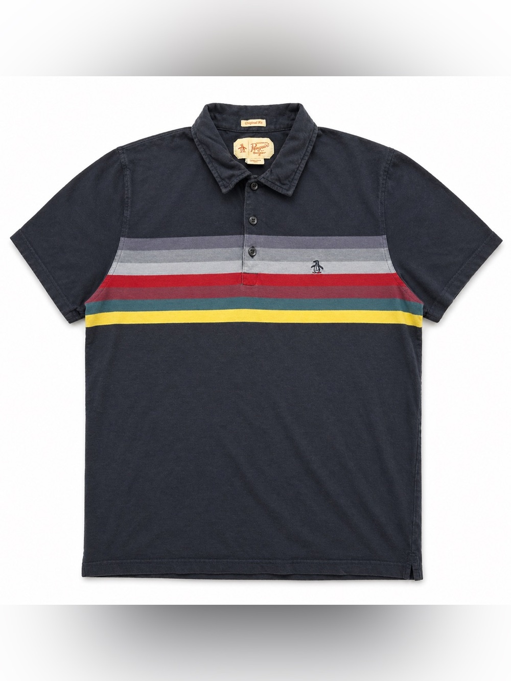 Original Penguin Navy Polo with Red and Yellow Stripe Accents- Slim Fit